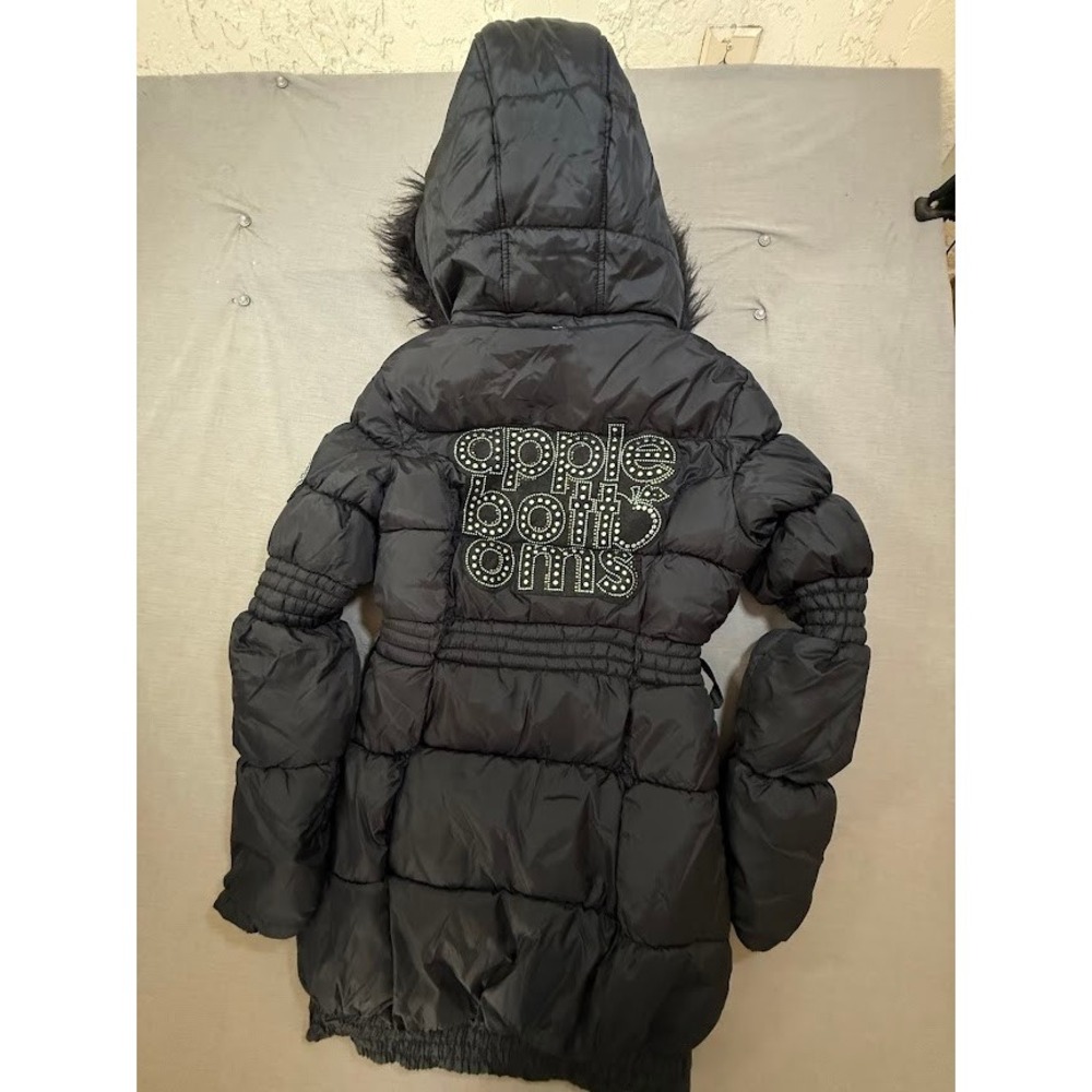 Apple Bottoms Womens Black‎ Puffer Coat Faux Fur Hood Belted Full Zip M Medium